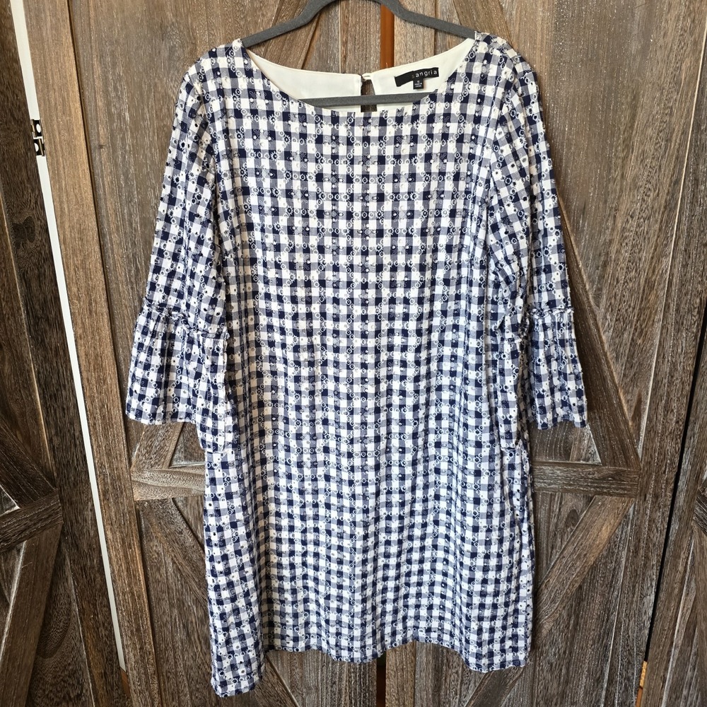 Sangria Dress Women's Size 16 Navy & White Gingham Eyelet Floral Bell Sleeve